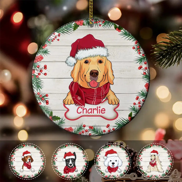 Holly Branch Christmas Dog Personalized Circle Ornament O-NB1887