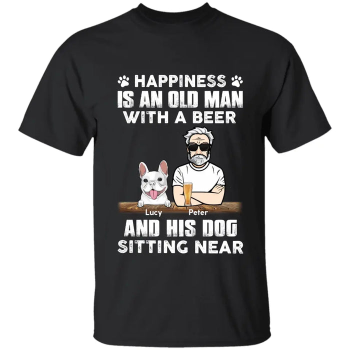 Happiness Is An Old Man With A Beer And His Dog Sitting Near - Personalized T-Shirt TS-PT3422