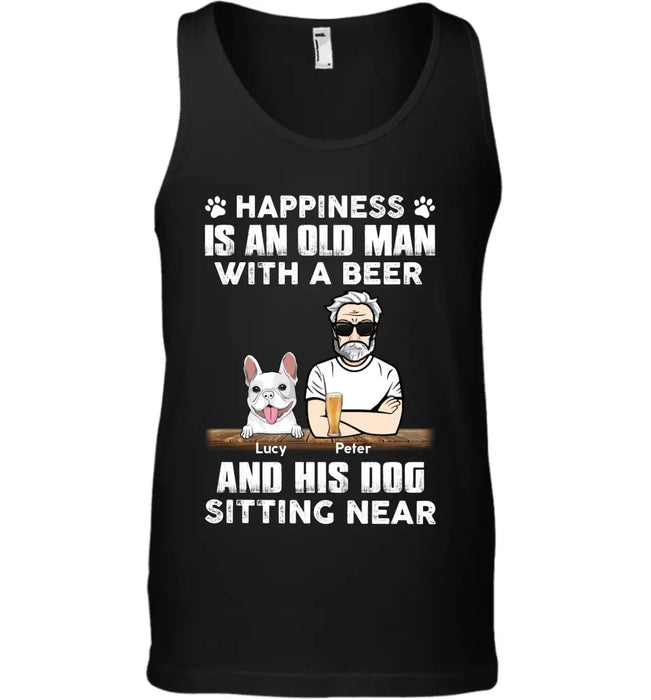 Happiness Is An Old Man With A Beer And His Dog Sitting Near - Personalized T-Shirt TS-PT3422