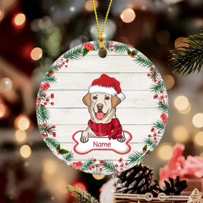 Holly Branch Christmas Dog Personalized Circle Ornament O-NB1887