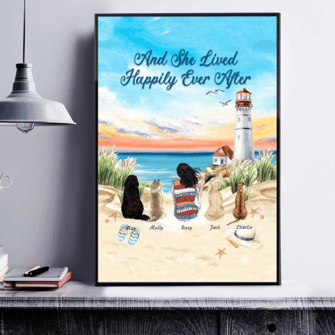 "And She Lived Happily Ever After Beach" girl and dog personalized poster CP51