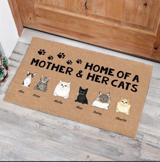 "Home of a mother and her cats" personalized doormat