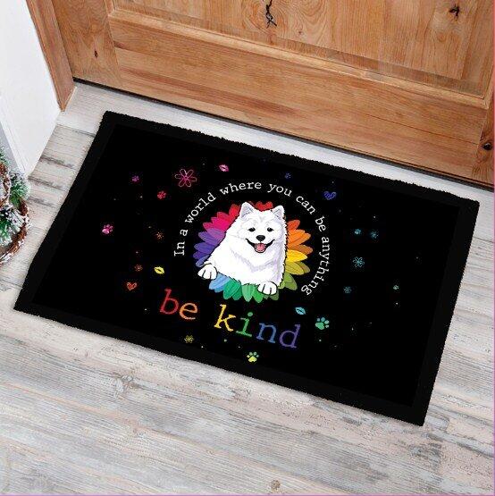 "In a world you can be anything, be kind" dog and cat personalized doormat