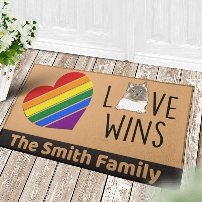 "Love Wins" Family Name, Dog, Cat personalized doormat