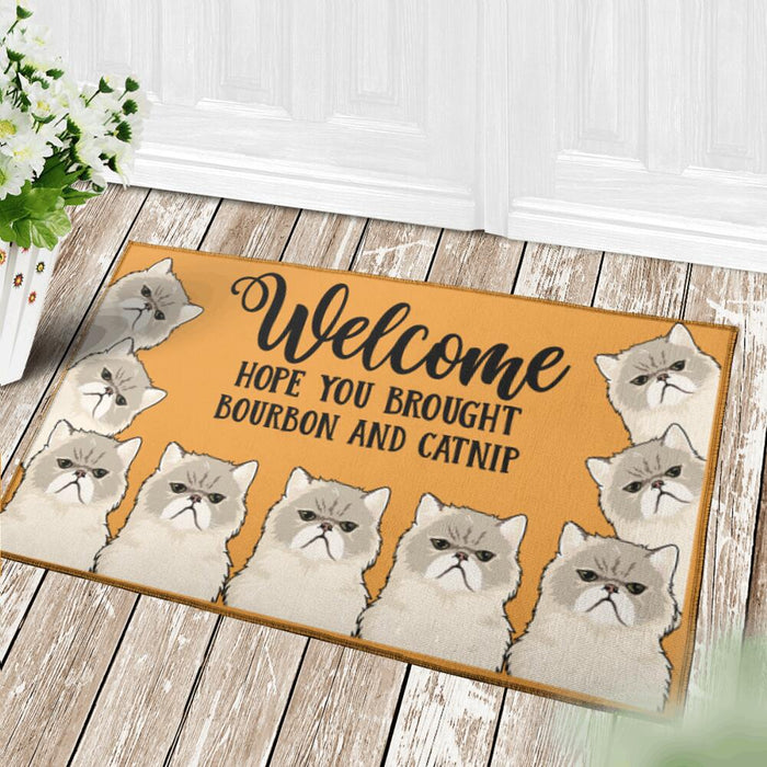 "Welcome - Hope You Brought Bourbon And Catnip" cat personalized doormat