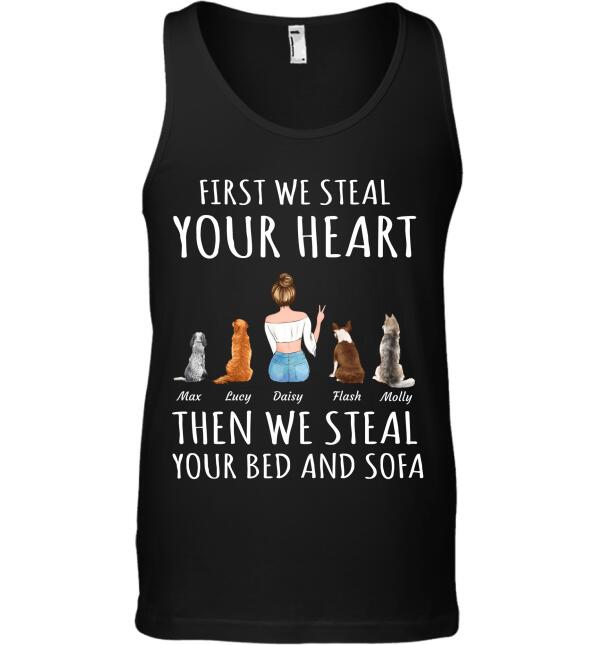 First we steal your heart then we steal your bed and sofa personalized pet T-Shirt