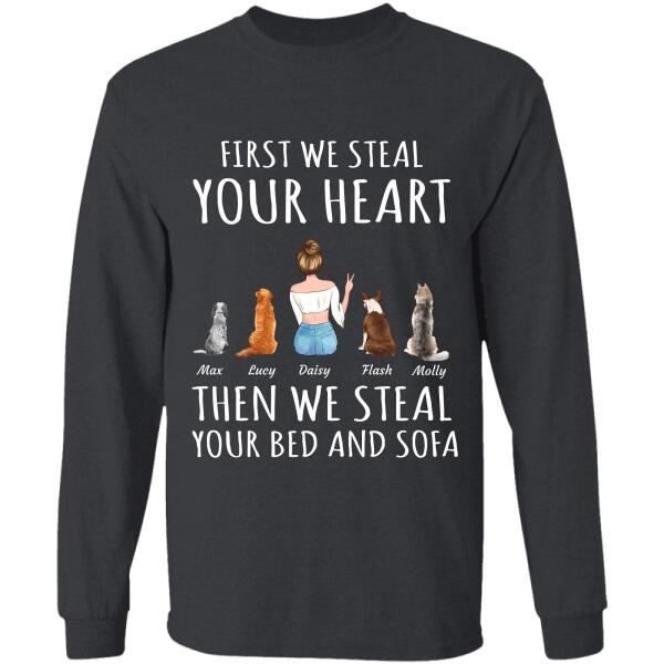 First we steal your heart then we steal your bed and sofa personalized pet T-Shirt