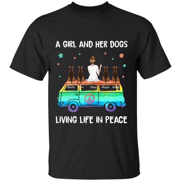"A Girl And Her Dogs, Cats Living Life In Peace" Pink girl dog, cat personalized T-Shirt