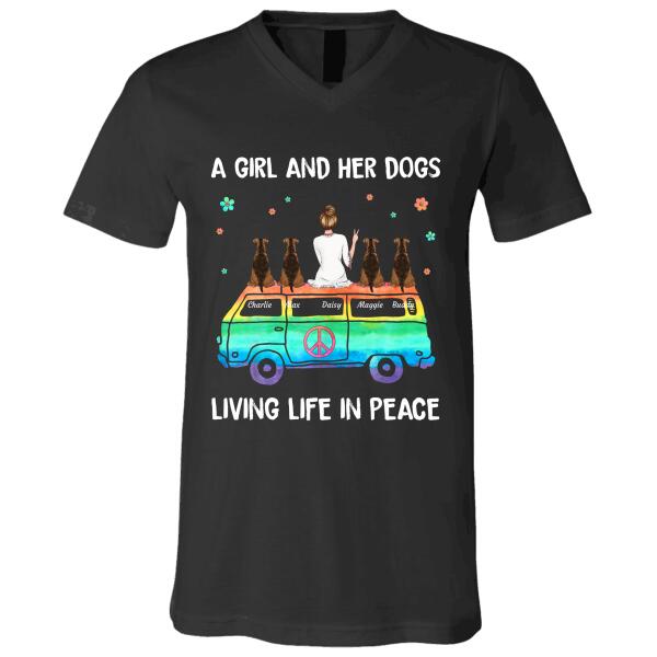 "A Girl And Her Dogs, Cats Living Life In Peace" Pink girl dog, cat personalized T-Shirt