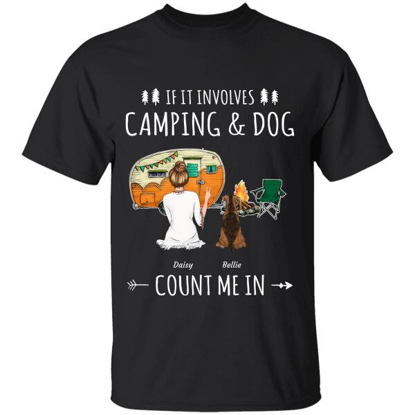 "If It Involves Camping And My Dogs/Cats/Pets Count Me In" Girl, Dog & Cat Personalized T-shirt TS-GH101