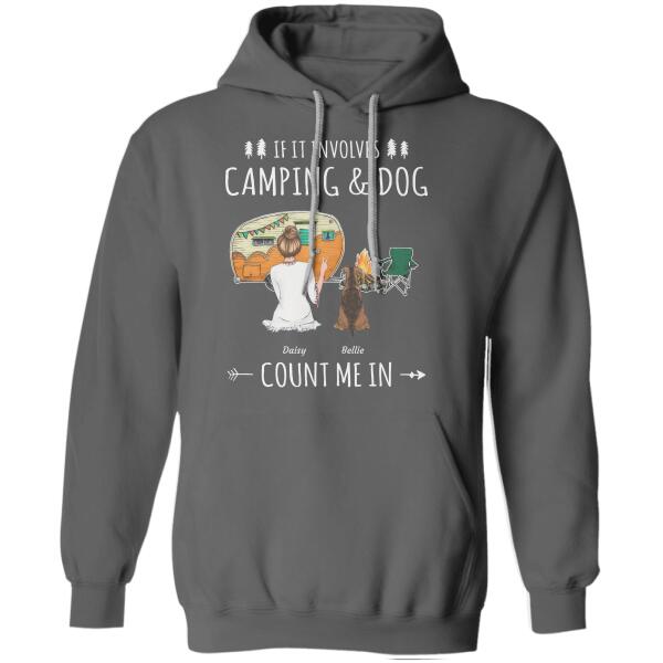 "If It Involves Camping And My Dogs/Cats/Pets Count Me In" Girl, Dog & Cat Personalized T-shirt TS-GH101