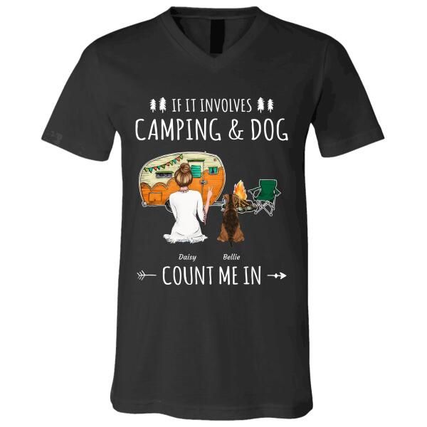 "If It Involves Camping And My Dogs/Cats/Pets Count Me In" Girl, Dog & Cat Personalized T-shirt TS-GH101
