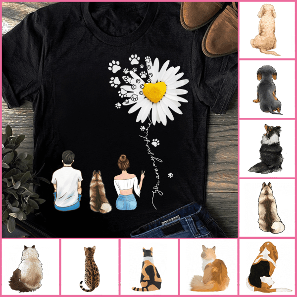 "Couple Under Daisy" couple and dog, cat personalized T-Shirt