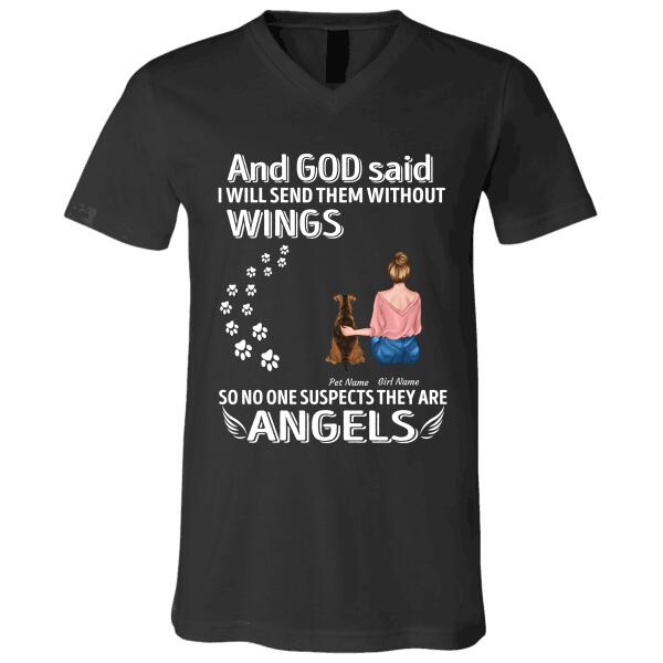 And god said i will send them without wings - girl, dogs and cats  personalized T-Shirt black TS-TU187