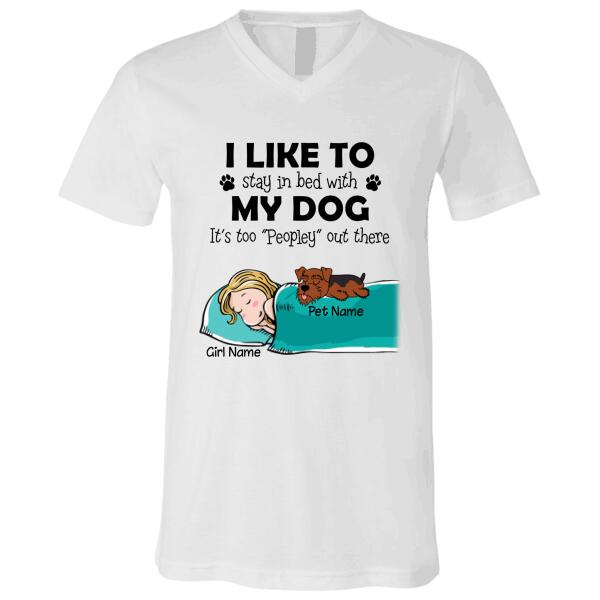 I like to stay in bed with my dog/cat - girl, dogs and cats personalized T-Shirt TS-TU189