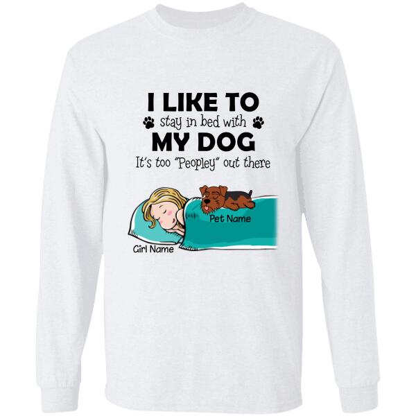 I like to stay in bed with my dog/cat - girl, dogs and cats personalized T-Shirt TS-TU189