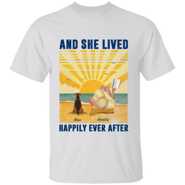 "And She Lived Happily Ever After" on beach girl and dog, cat personalized T-Shirt TS-HR74