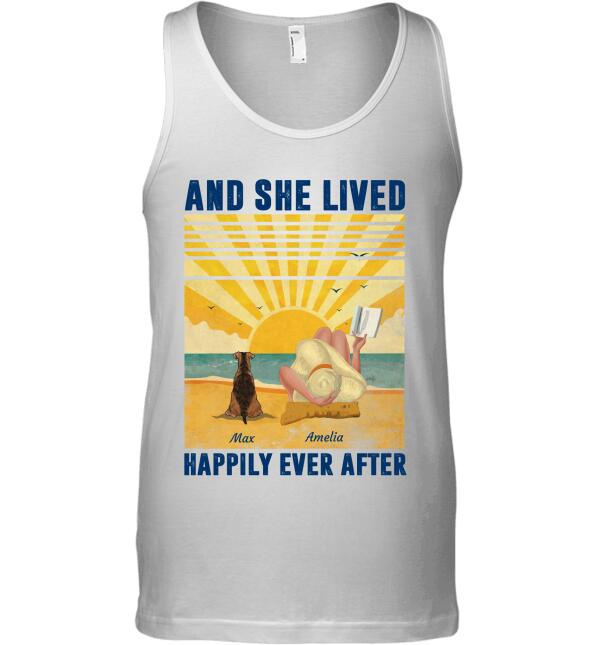 "And She Lived Happily Ever After" on beach girl and dog, cat personalized T-Shirt TS-HR74