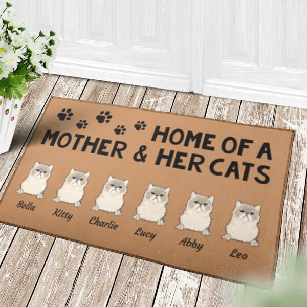 "Home of a mother and her cats" personalized doormat