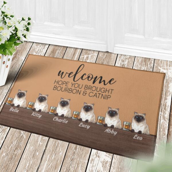 Welcome, hope you brought bourbon and catnip personalized doormat