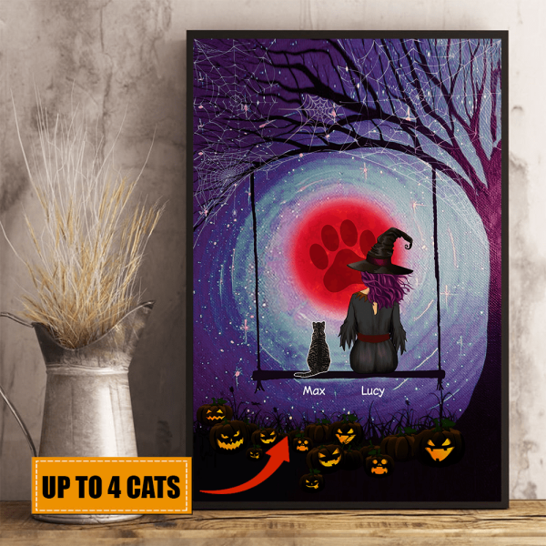 A Witch And Her Cats On Swing personalized Cat Poster CP-HR02