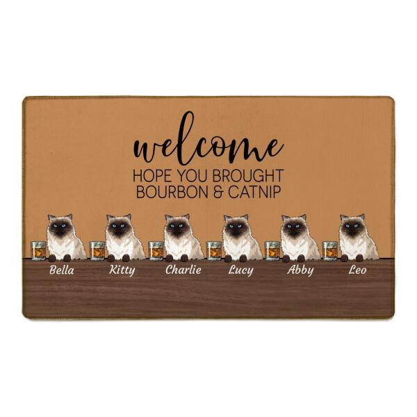 Welcome, hope you brought bourbon and catnip personalized doormat