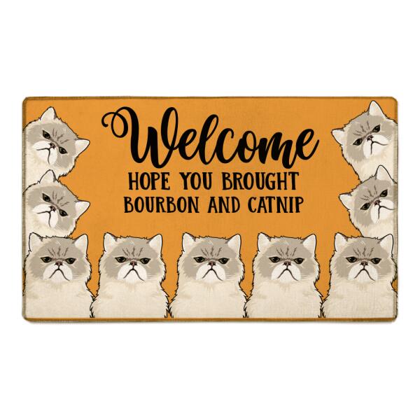 "Welcome - Hope You Brought Bourbon And Catnip" cat personalized doormat