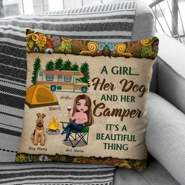 A Girl Her Dog & Her Camper  It's A Beautiful Thing Personalized Pillow P-NB1723