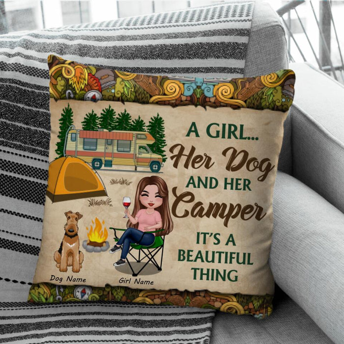 A Girl Her Dog & Her Camper  It's A Beautiful Thing Personalized Pillow P-NB1723