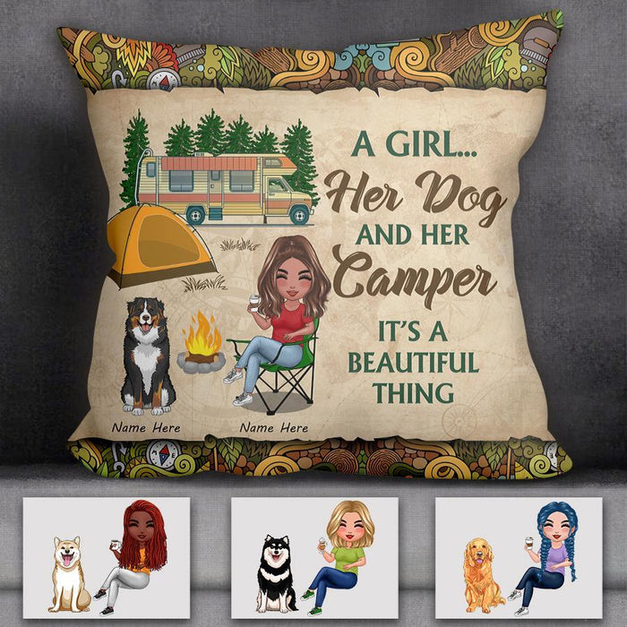 A Girl Her Dog & Her Camper  It's A Beautiful Thing Personalized Pillow P-NB1723