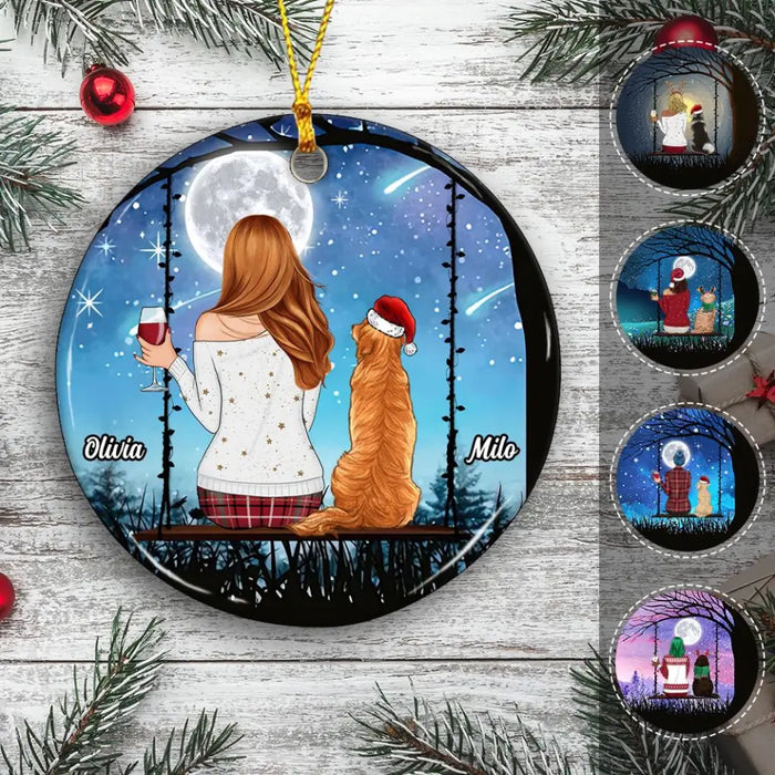 Girl & Dogs On Swing Christmas Night Personalized Circle Ornament O-NB1928