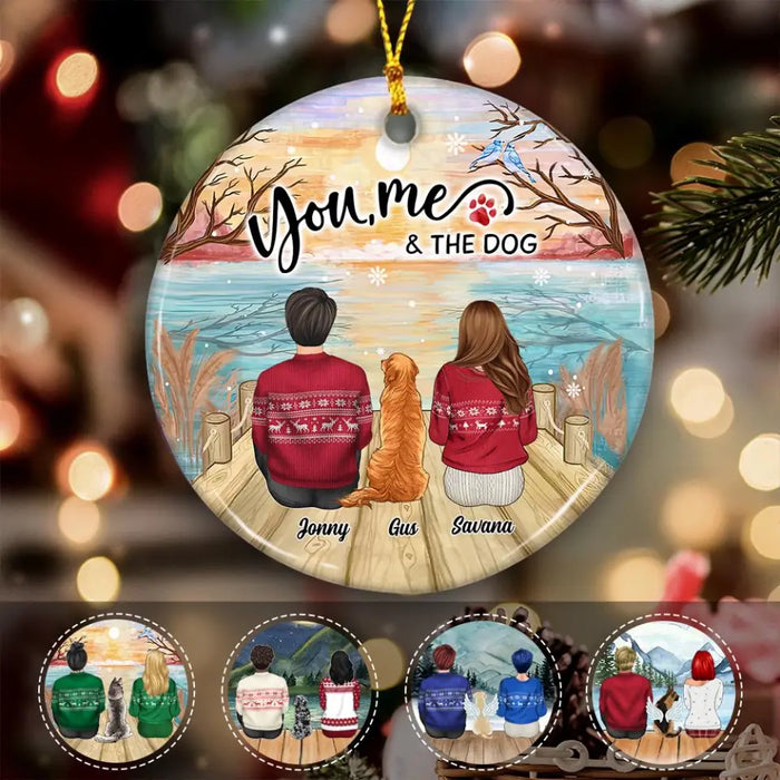 Lake Couple Sitting With Dogs Personalized Circle Ornament O-NB2019