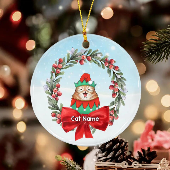 Cats Christmas Wreath Bow Personalized Circle Ornament O-NB2024