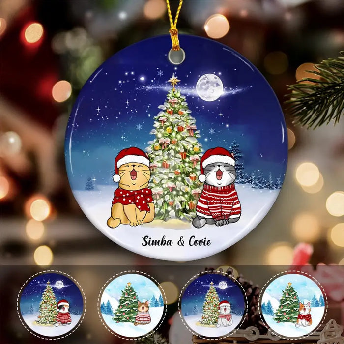 Cat Under The Christmas Tree Personalized Circle Ornament O-NB2031