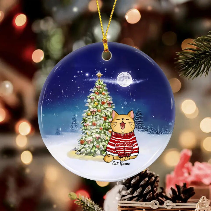 Cat Under The Christmas Tree Personalized Circle Ornament O-NB2031