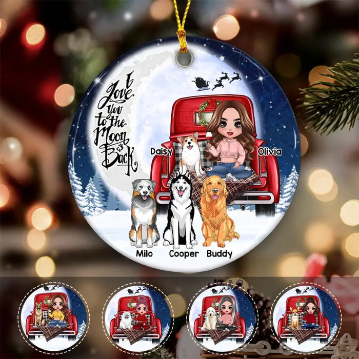Love You To The Moon & Back Girl & Dogs On The Car Personalized Circle Ornament O-NB2018